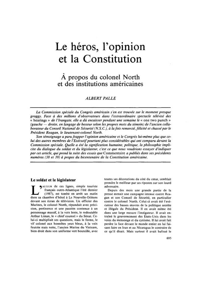 Le héros, l’opinion et la Constitution. À propos du colonel North et des institutions américaines
 – page 1