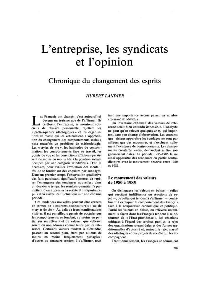L’entreprise, les syndicats et l’opinion. Chronique du changement des esprits
 – page 1