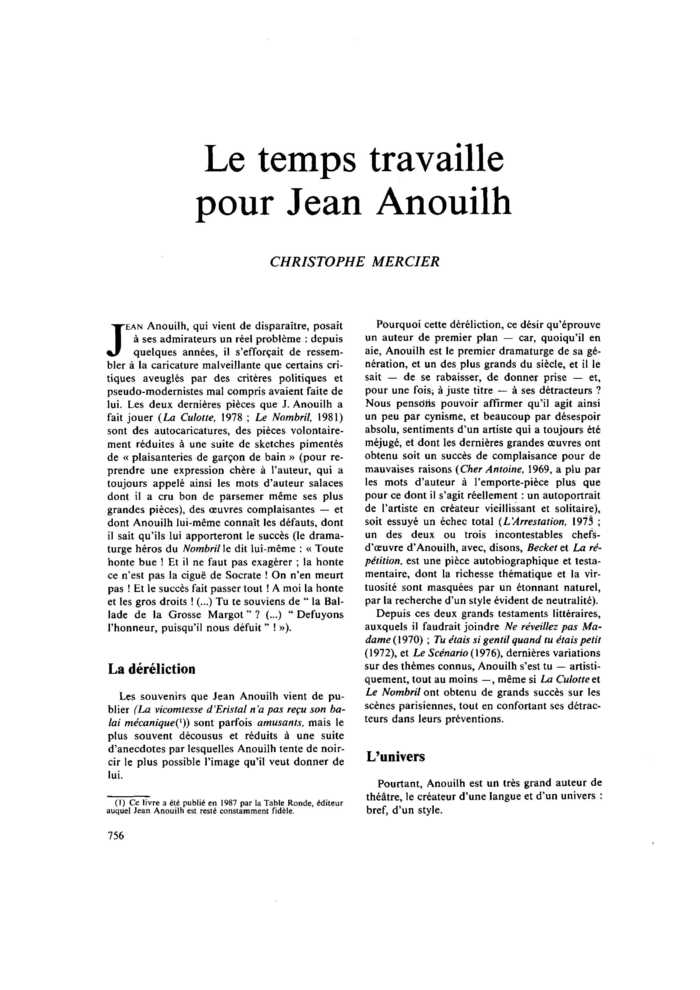 Le temps travaille pour Jean Anouilh
 – page 1