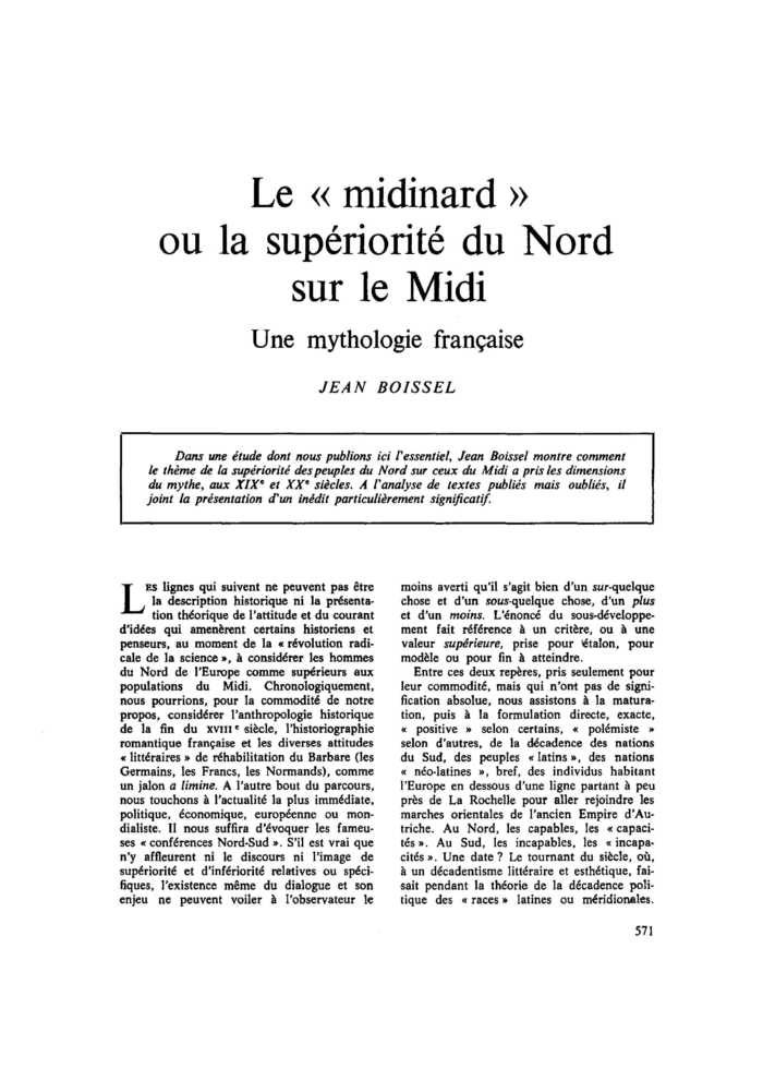 Le « midinard » ou la supériorité du Nord sur le Midi. Une mythologie française
 – page 1