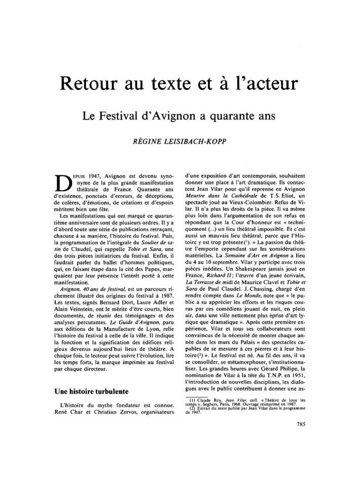 Retour au texte et à l’acteur. Le Festival d’Avignon a quarante ans
 – page 1