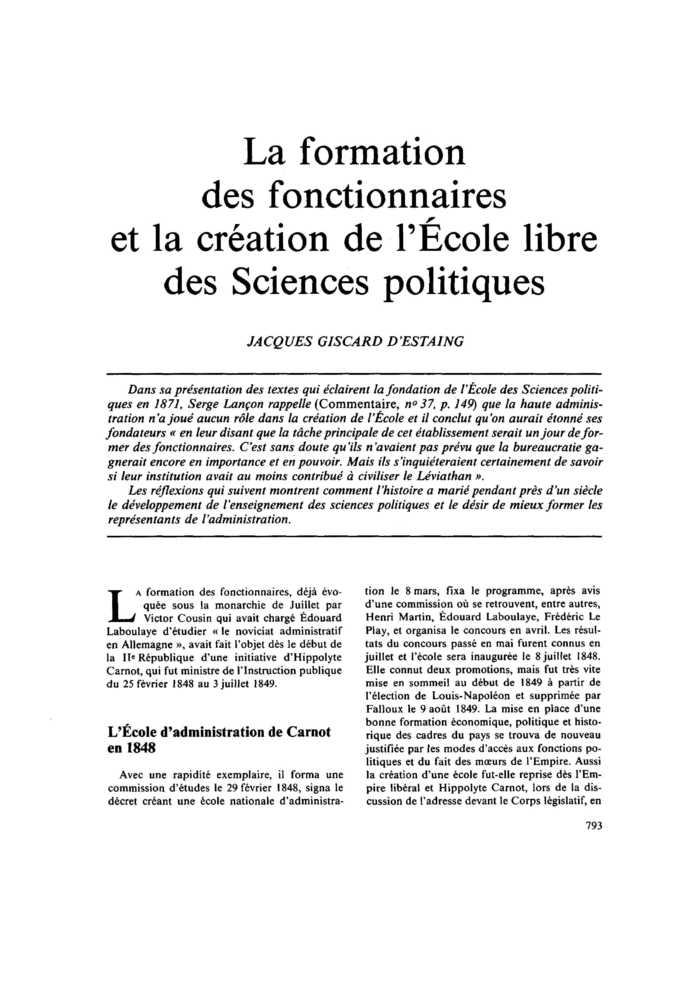La formation des fonctionnaires et la création de l’École libre des Sciences politiques
 – page 1