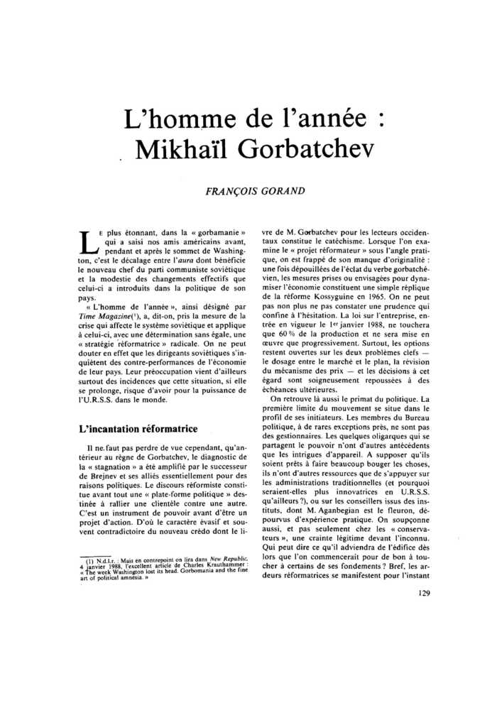 L’homme de l’année : Mikhaïl Gorbatchev
 – page 1