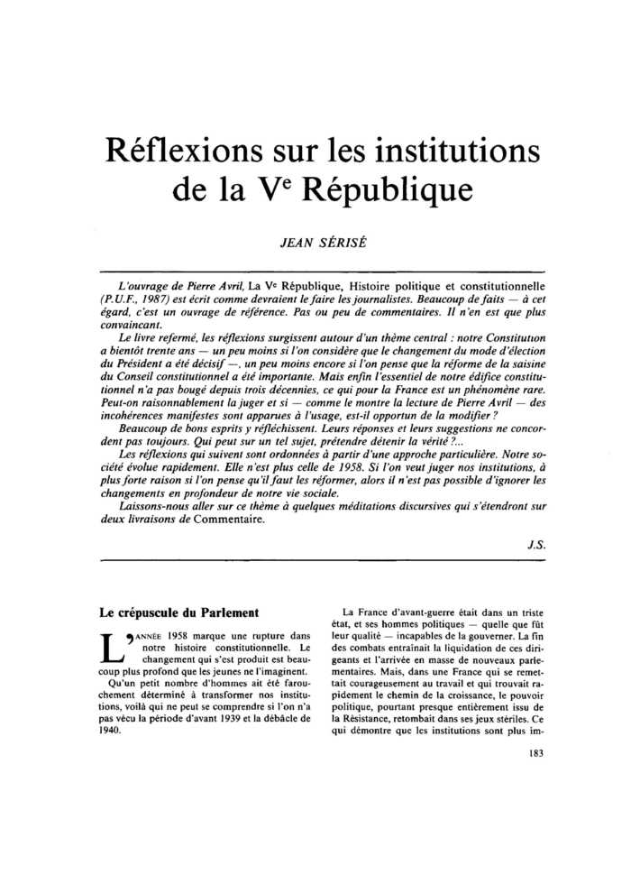 Réflexions sur les institutions de la Ve République
 – page 1
