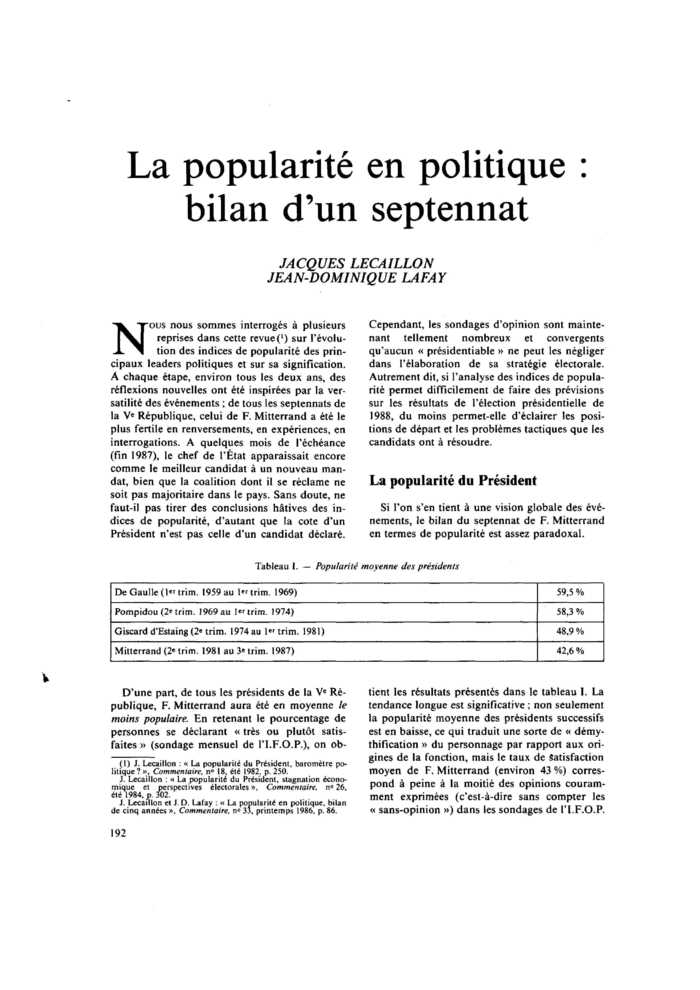 La popularité en politique : bilan d’un septennat
 – page 1