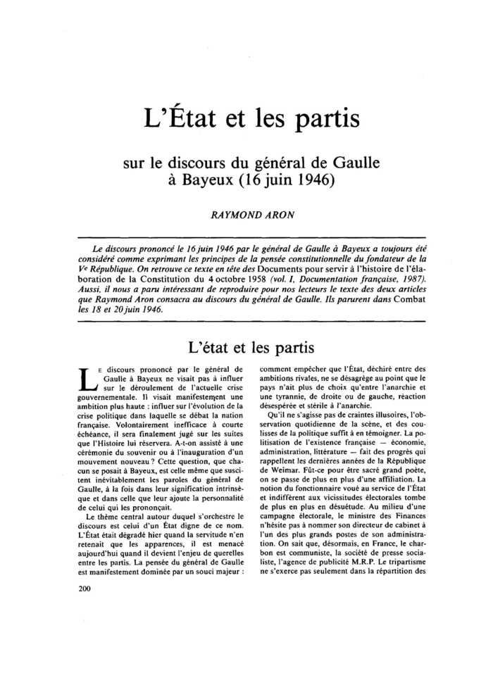 L’État et les partis sur le discours du général de Gaulle à Bayeux (16 juin 1946)
 – page 1