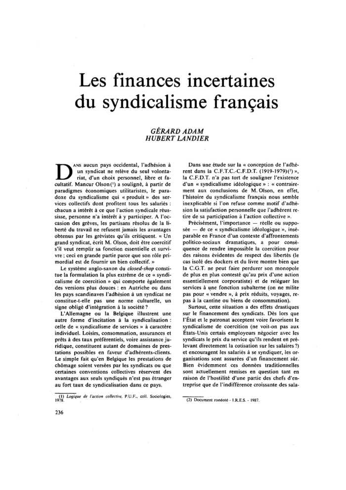 Les finances incertaines du syndicalisme français
 – page 1