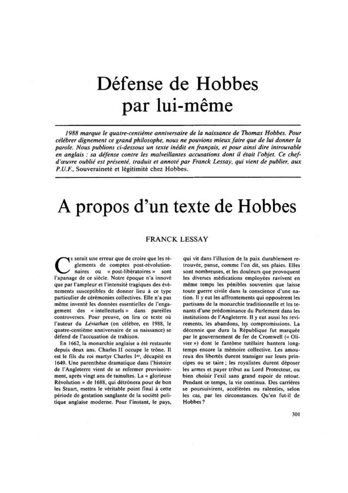 Défense de Hobbes par lui-même. À propos d’un texte de Hobbes
 – page 1