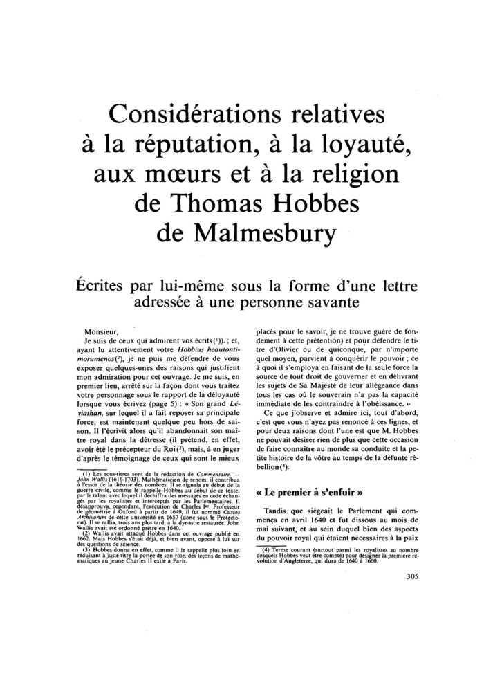 Considérations relatives à la réputation, à la loyauté, aux mœurs et à la religion de Thomas Hobbes de Malmesbury. Écrites par lui-même sous la forme d’une lettre adressée à une personne savante
 – page 1