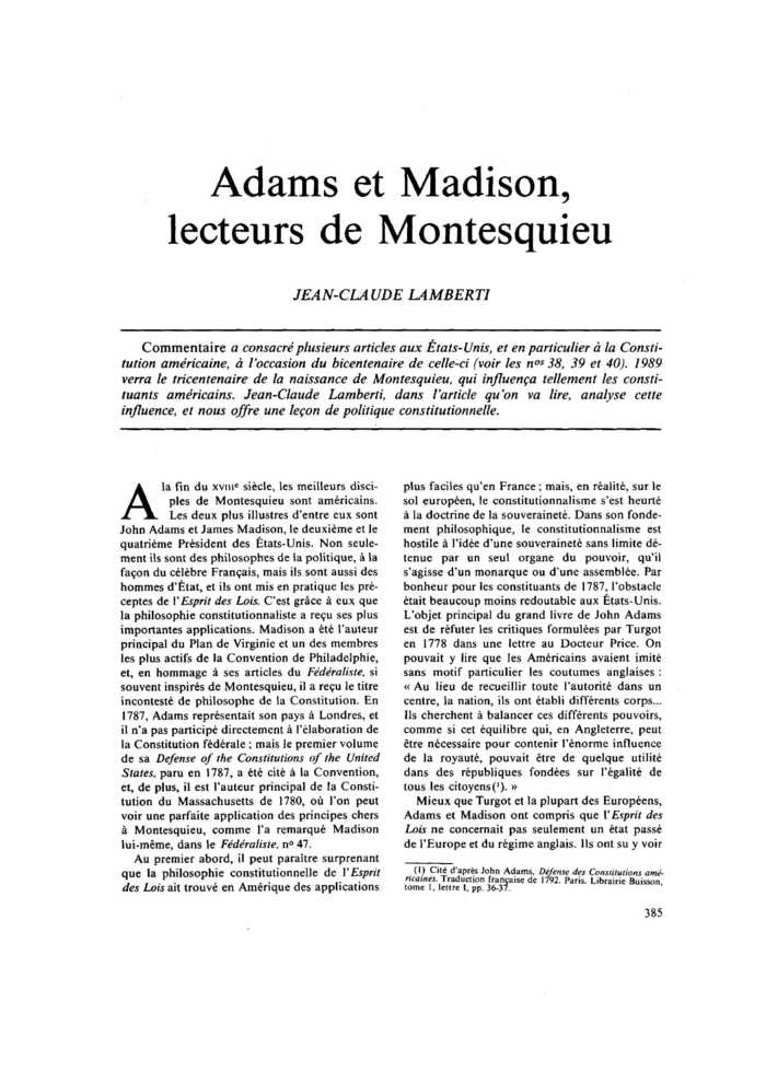 Adams et Madison, lecteurs de Montesquieu
 – page 1