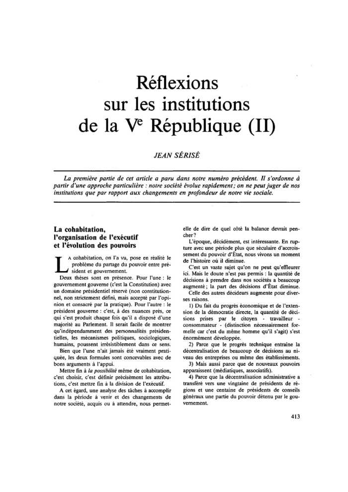 Réflexions sur les institutions de la Ve République (II)
 – page 1