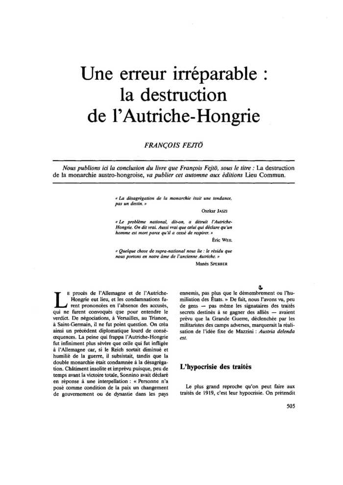 Une erreur irréparable la destruction de l’Autriche-Hongrie
 – page 1