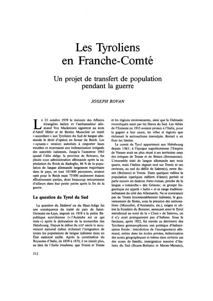 Les Tyroliens en Franche-Comté. Un projet de transfert de population pendant la guerre
 – page 1