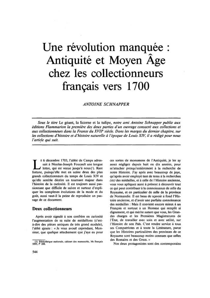 Une révolution manquée : Antiquité et Moyen Âge chez les collectionneurs français vers 1700
 – page 1