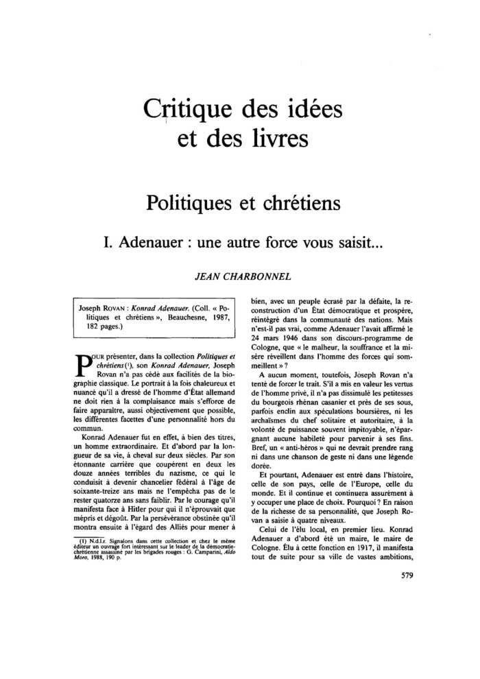 Politiques et chrétiens. I. Adenauer : une autre force vous saisit
 – page 1