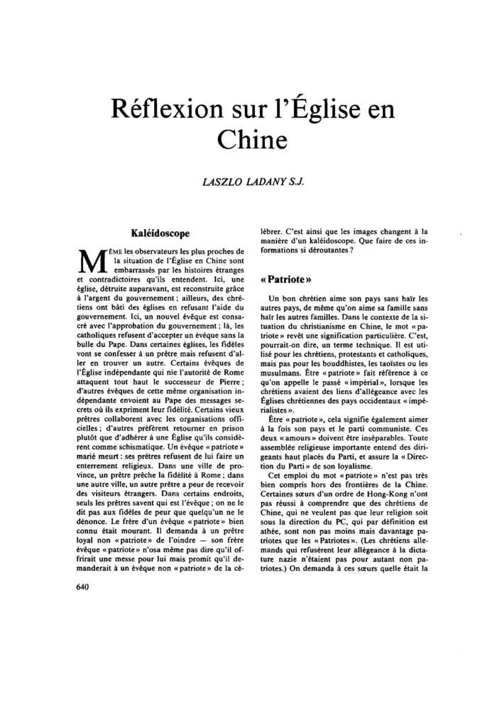 Réflexion sur l’Église en Chine
 – page 1