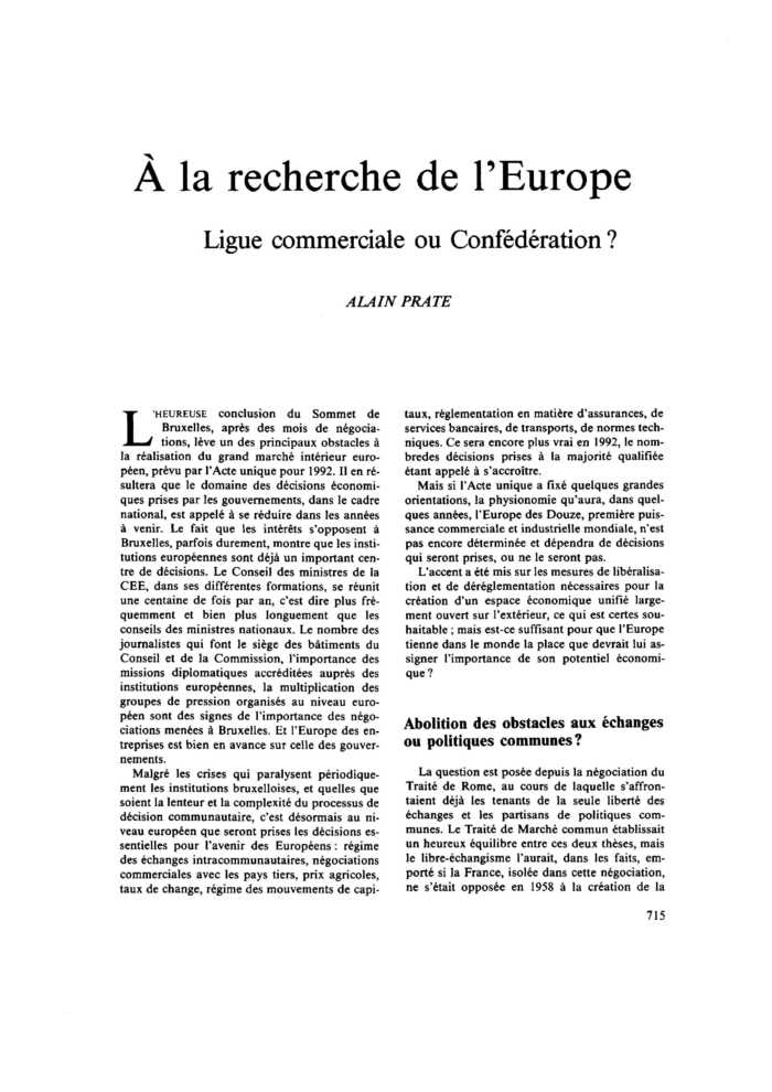 À la recherche de l’Europe. Ligue commerciale ou Confédération ?
 – page 1