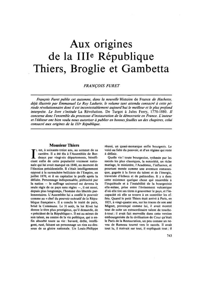 Aux origines de la IIIe République. Thiers, Broglie et Gambetta
 – page 1