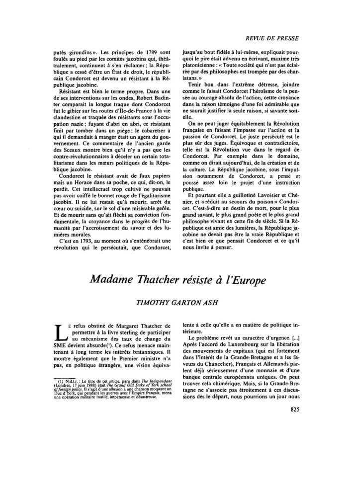 Madame Thatcher résiste à l’Europe
 – page 1