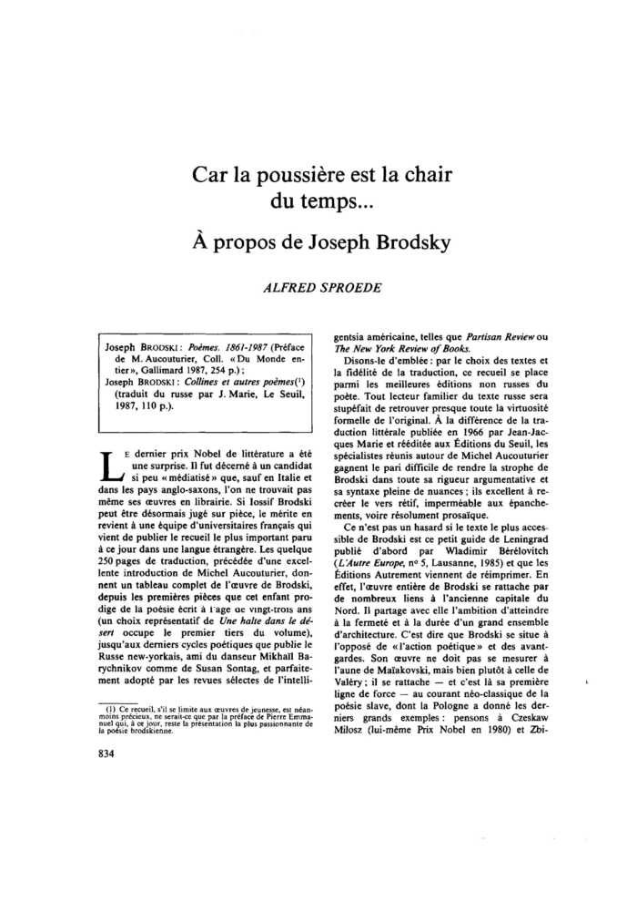 Car la poussière est la chair du temps… À propos de Joseph Brodsky
 – page 1