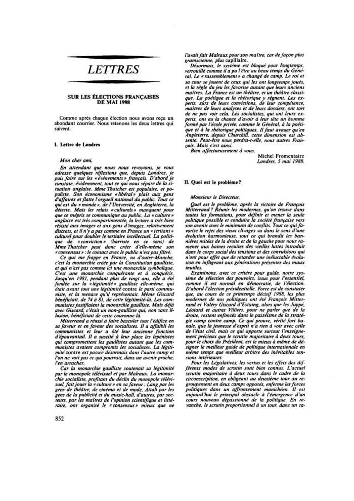 SUR LES ÉLECTIONS FRANÇAISES DE MAI 1988
 – page 1