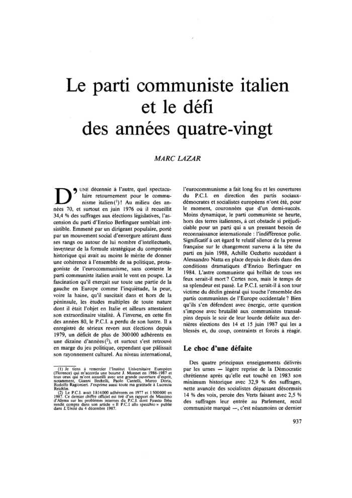 Le parti communiste italien et le défi des années quatre-vingts
 – page 1