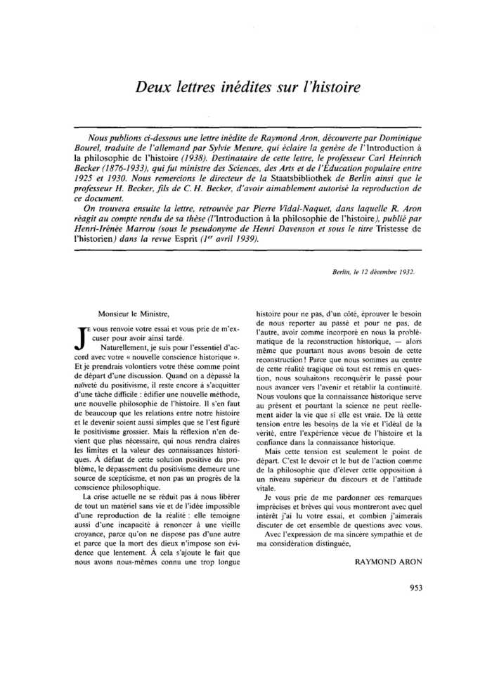 Sur l’histoire II. Deux lettres inédites sur l’histoire
 – page 1
