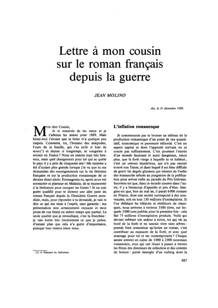 Lettre à mon cousin sur le roman français depuis la guerre
 – page 1