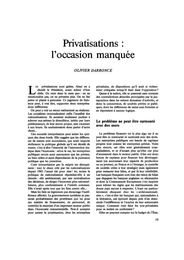 Privatisations : l’occasion manquée
 – page 1