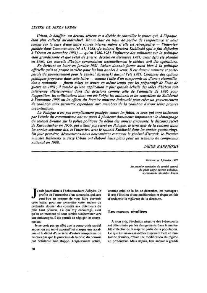 Lettre de Jerzy Urban au premier secrétaire du parti communiste polonais
 – page 1