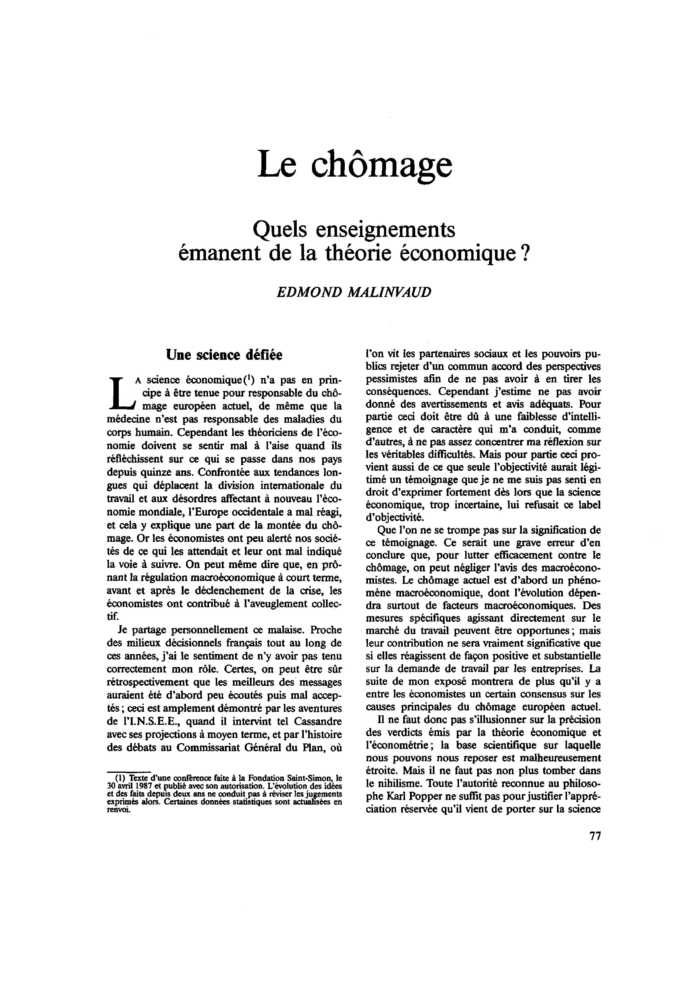 Le chômage. Quels enseignements émanent de la théorie économique ?
 – page 1