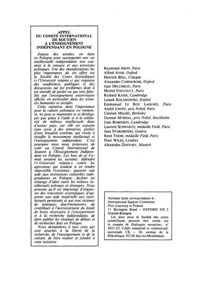 Appel du comité international de soutien à l’enseignement indépendant en Pologne
 – page 1