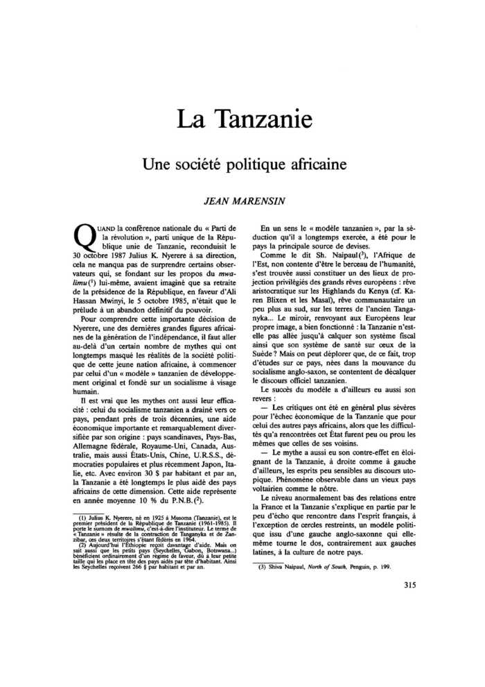 La Tanzanie. Une société politique africaine
 – page 1