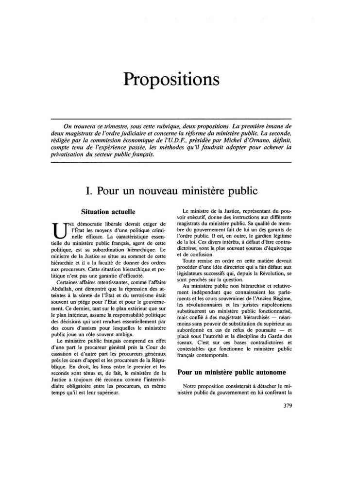 I. Pour un nouveau ministère public
 – page 1