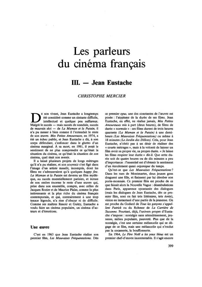 Les parleurs du cinéma français. III. Jean Eustache
 – page 1