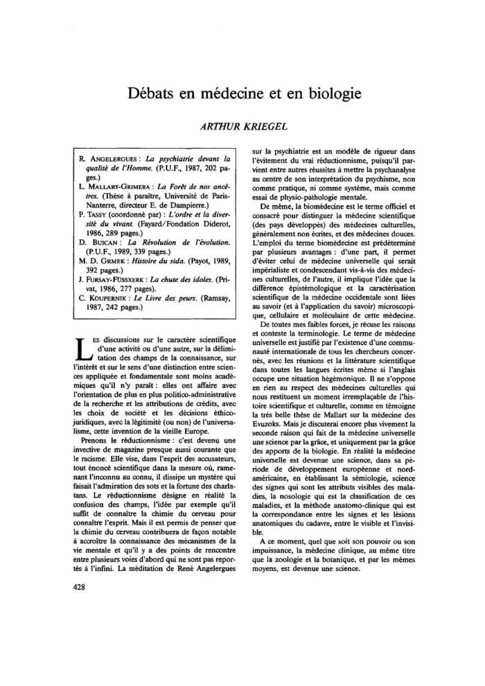 Débats en médecine et en biologie
 – page 1