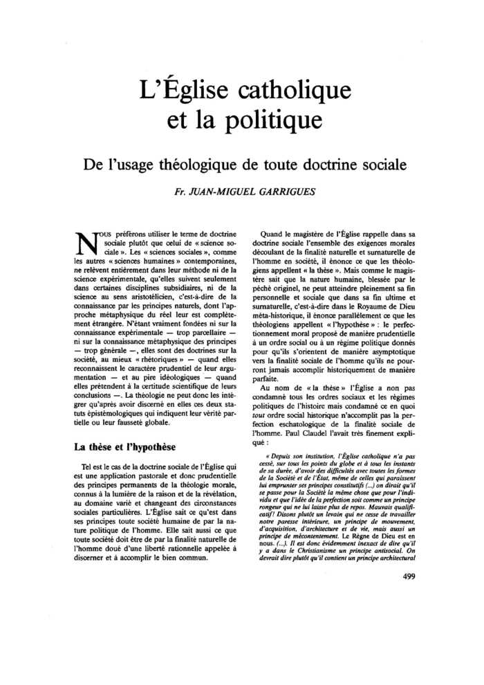L’Église catholique et la politique. De l’usage théologique de toute doctrine sociale
 – page 1