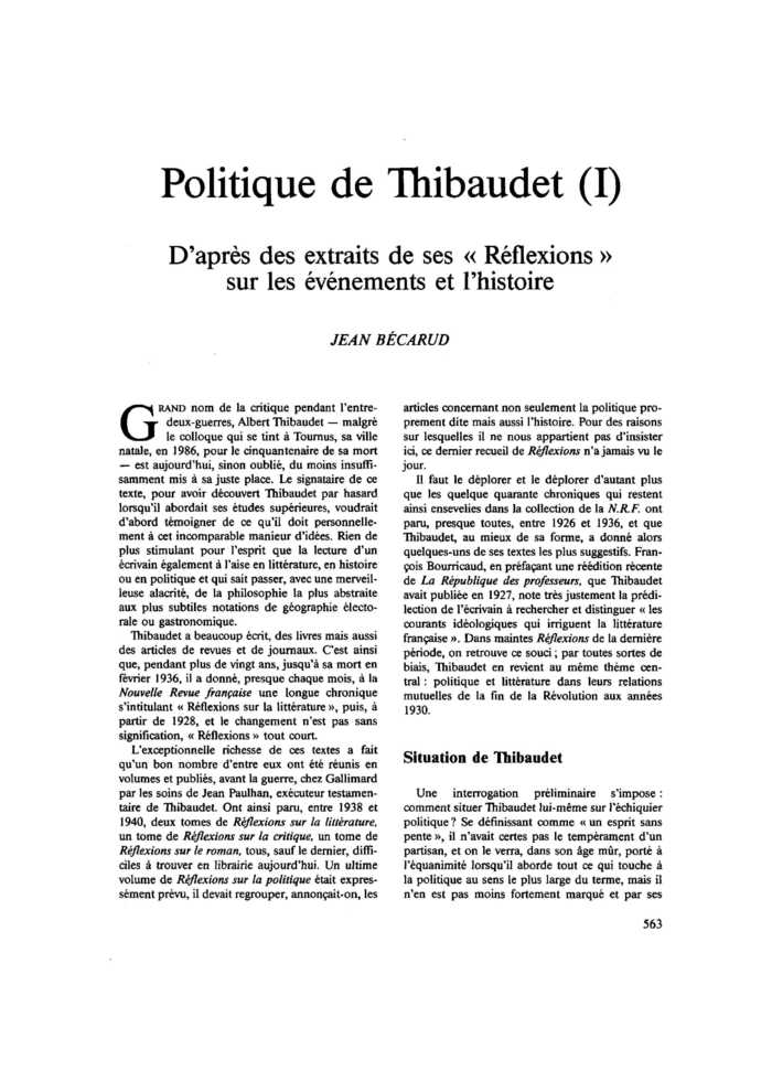 Politique de Thibaudet (I). D’après des extraits de ses « Réflexions » sur les événements et l’histoire
 – page 1