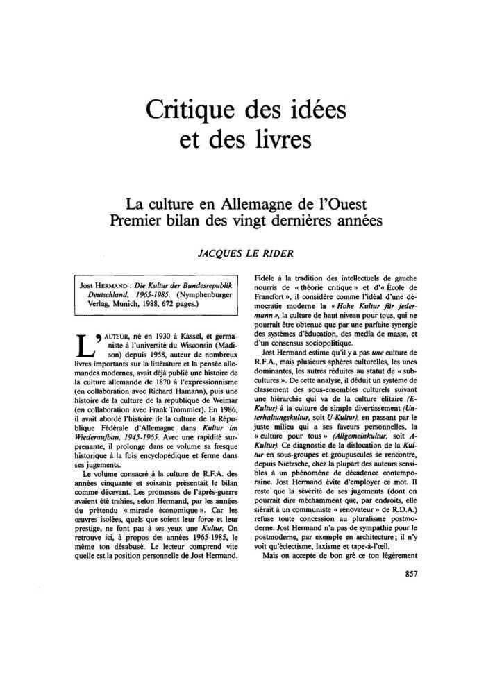 La culture en Allemagne de l’Ouest. Premier bilan des vingt dernières années
 – page 1