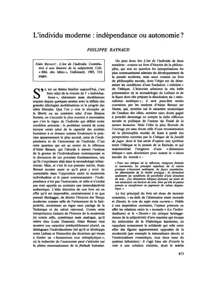 L’individu moderne : indépendance ou autonomie ?
 – page 1