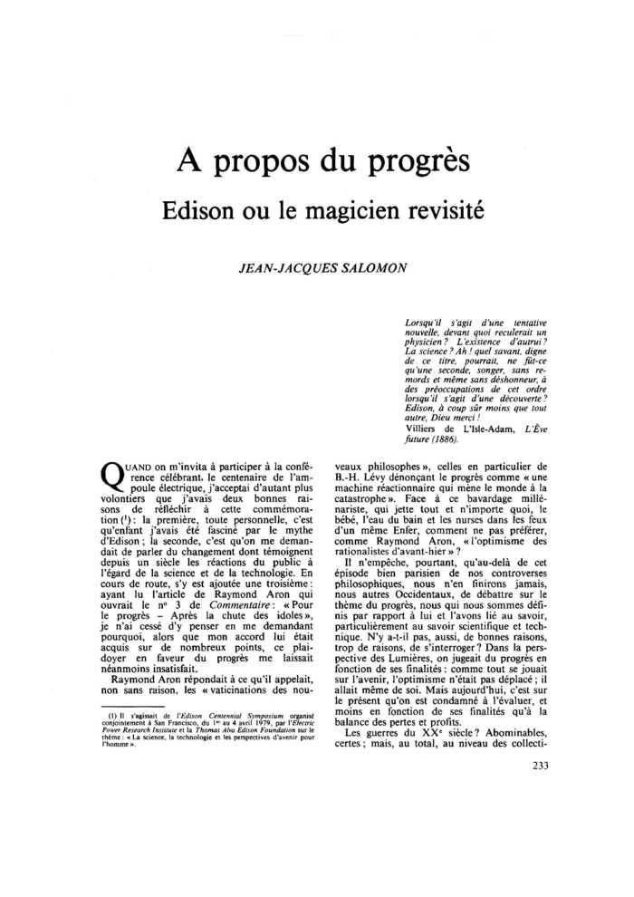 À propos du progrès. Edison ou le magicien revisité
 – page 1