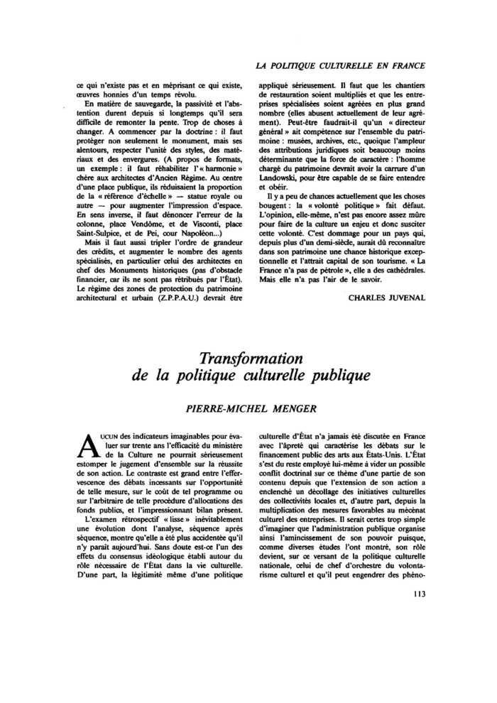 Transformation de la politique culturelle publique
 – page 1