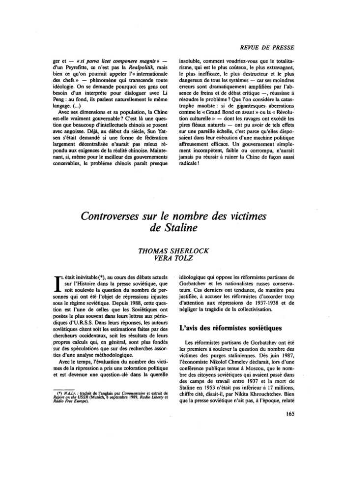 Controverses sur le nombre des victimes de Staline
 – page 1