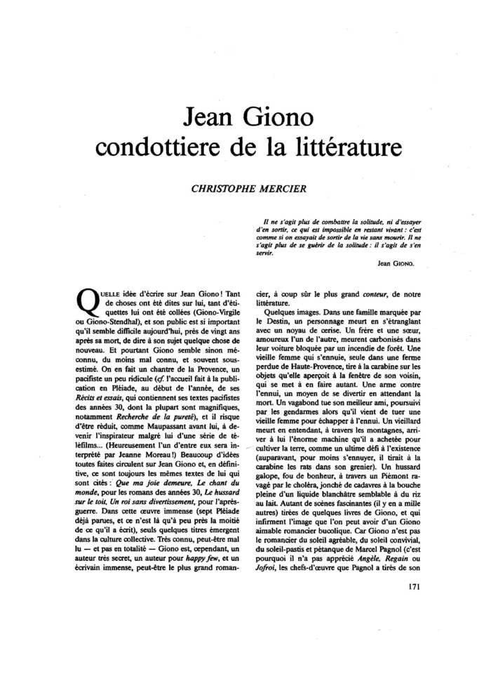 Jean Giono condottiere de la littérature
 – page 1