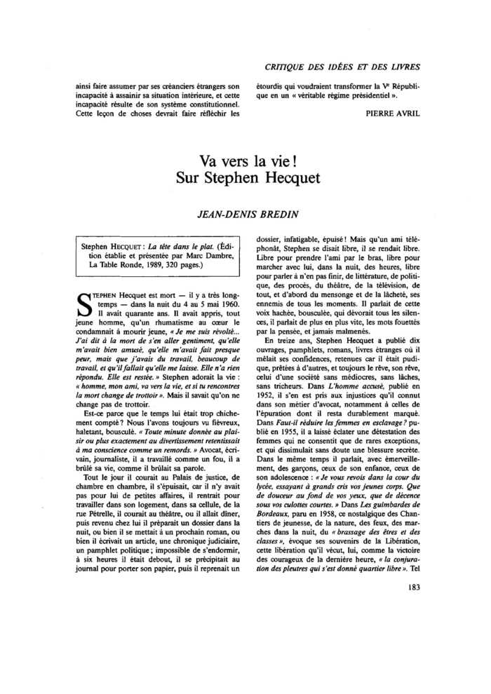 Va vers la vie ! Sur Stephen Hecquet
 – page 1