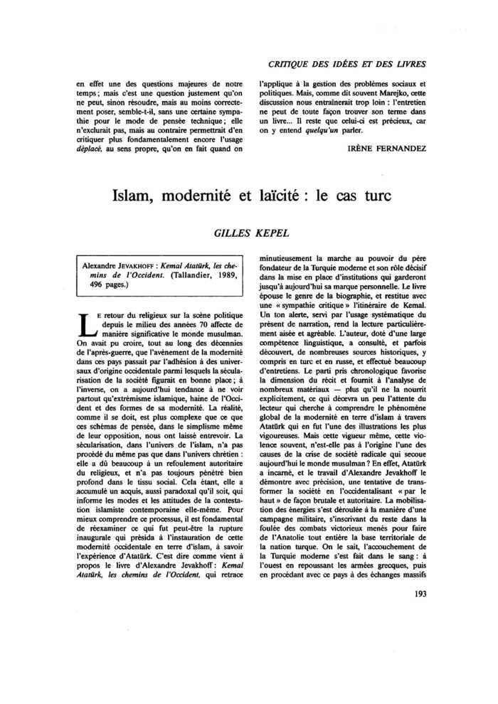 Islam, modernité et laïcité : le cas turc
 – page 1