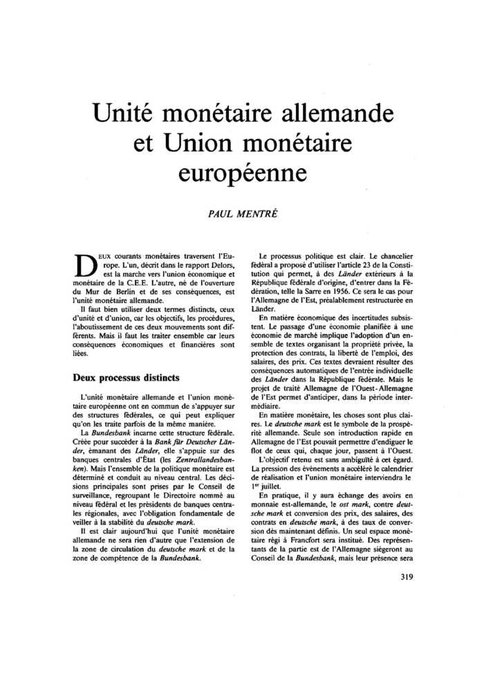 Unité monétaire allemande et Union monétaire européenne
 – page 1