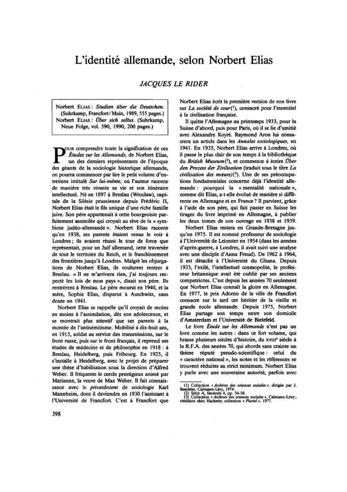 L’identité allemande, selon Norbert Elias
 – page 1