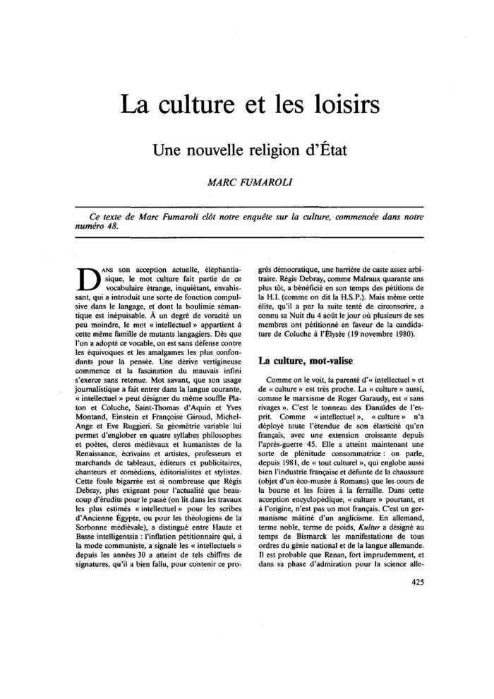 La culture et les loisirs Une nouvelle religion d’État
 – page 1