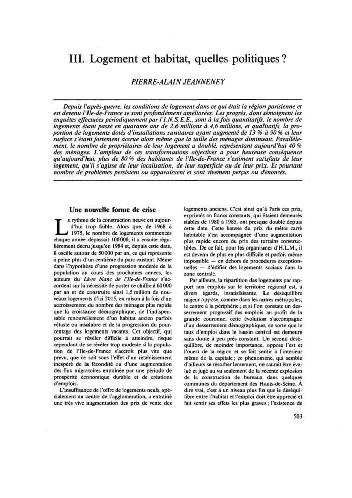 Problèmes de l’Île-de-France : III. Logement et habitat, quelles politiques ?
 – page 1